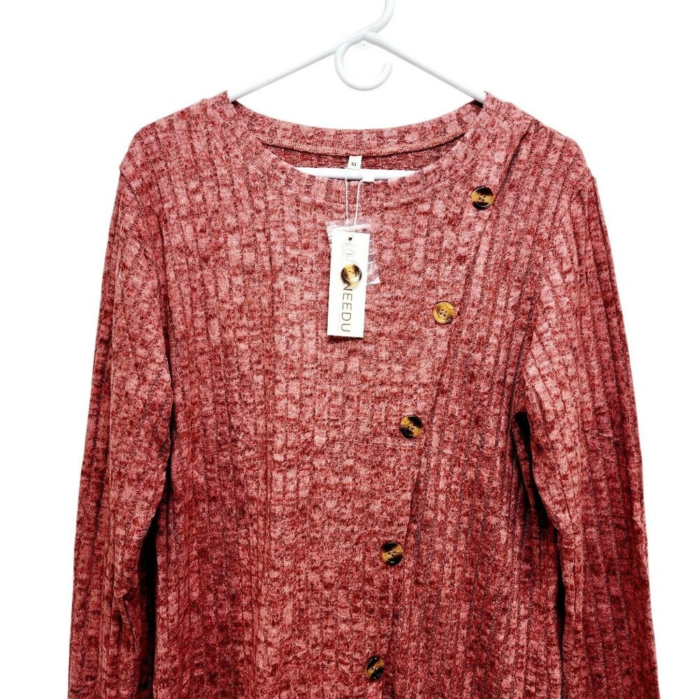 Womens Ribbed Knit Asymmetrical Button Front Sweater Top Long Sleeve Red Size XL - Picture 6 of 14